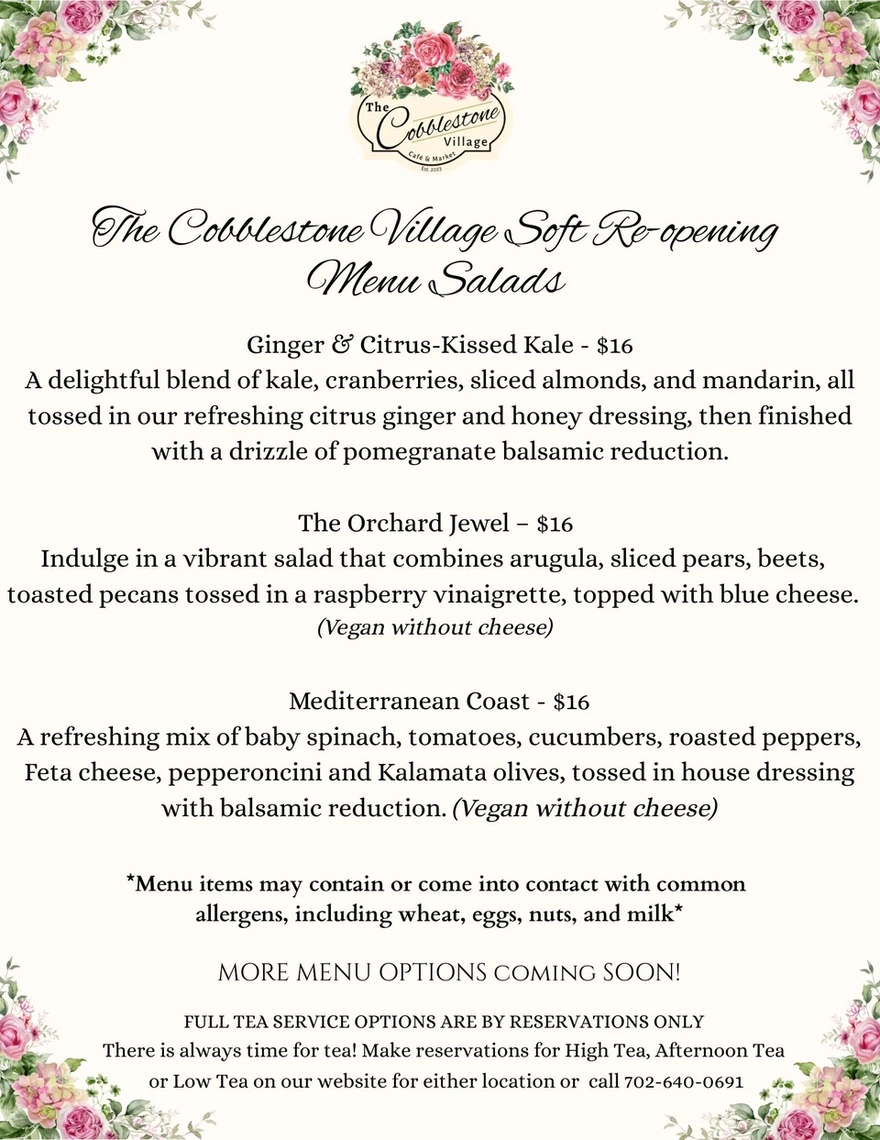 A menu for Cobblestone Village Soft Re-opening listing three salads: Ginger & Citrus-Kissed Kale, The Orchard Jewel, and Mediterranean Coastline, with detailed descriptions, allergy information, and contact details at the bottom.
