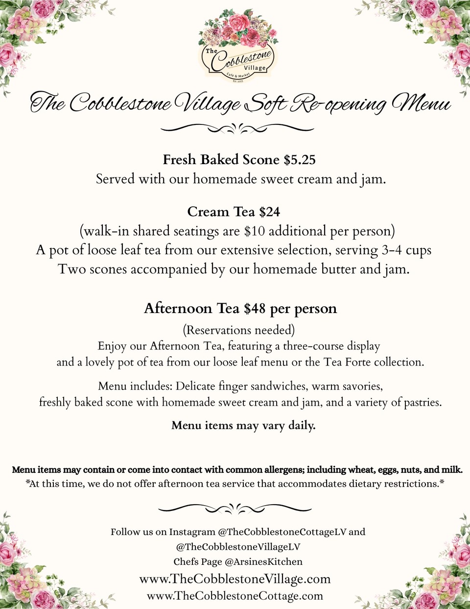 A floral-themed afternoon tea menu featuring options for fresh baked scones, cream tea, and afternoon tea with assorted teas, sandwiches, scones, pastries, pricing details, and social media information at the bottom.
