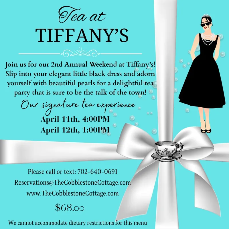 Invitation to a Tea at Tiffany’s event with a cartoon woman in a black dress, pearls, sunglasses, and hat, holding a purse. Silver ribbon, teacup, and event details are set against a blue background.