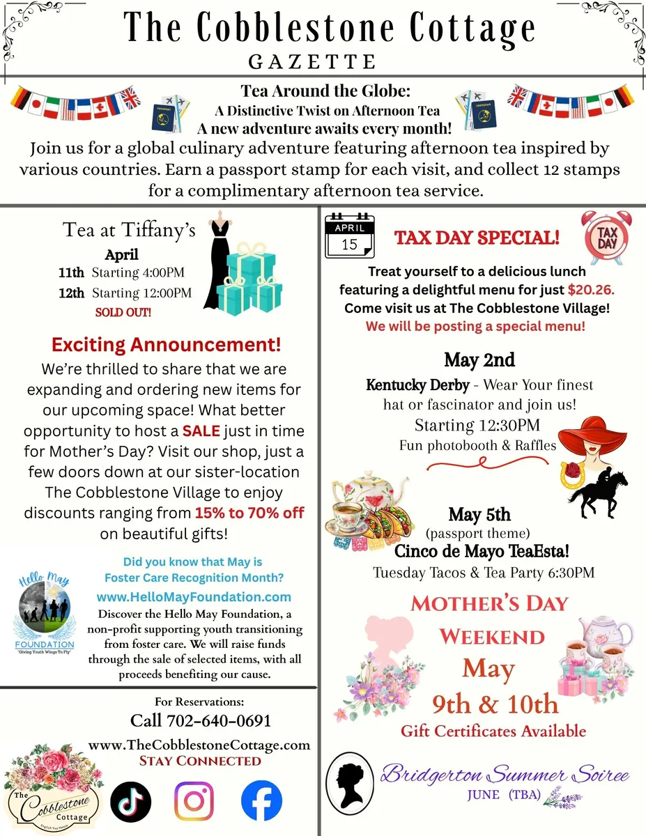 A colorful flyer for The Cobblestone Cottage with event details, a tea passport promotion, tax day special, Mothers Day event, and a sale announcement. Includes decorative teapots, flags, and floral designs.