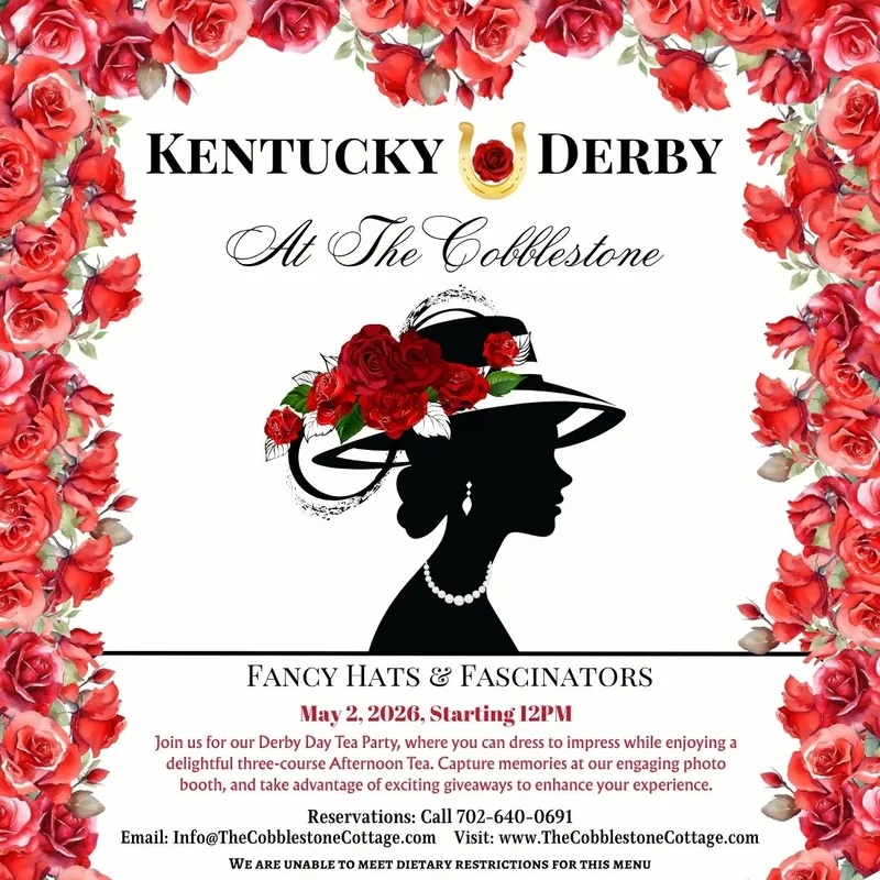 Invitation for the Kentucky Derby at The Cobblestone, decorated with red roses. Features a silhouette of a lady in a hat, event date May 2, 2026, and details about a tea party, dress code, and contact information.