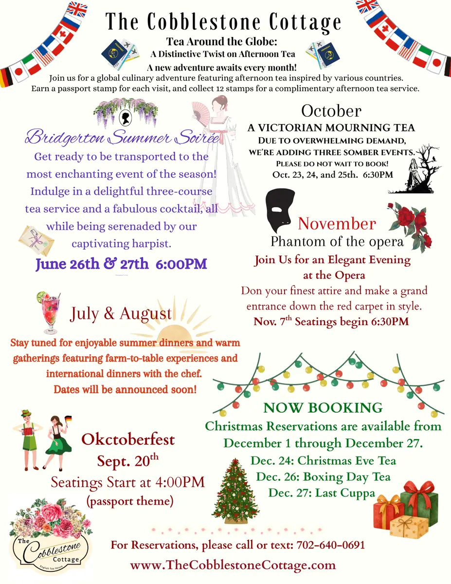A colorful flyer for The Cobblestone Cottages themed afternoon teas, featuring event details, festive graphics, and decorative borders for seasonal teas, including Bridgerton, Victorian, Phantom, Oktoberfest, and upcoming Christmas events.