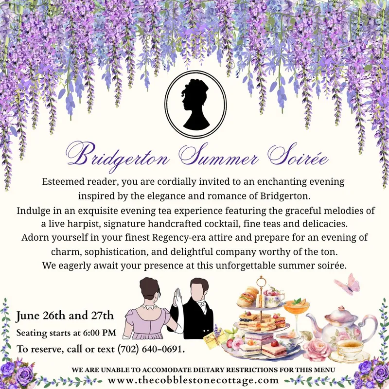 An invitation for a “Bridgerton Summer Soirée” features wisteria flowers, elegant silhouettes of a man and woman in Regency attire, and illustrations of tea, desserts, and tea sets. Event details and contact info are included.