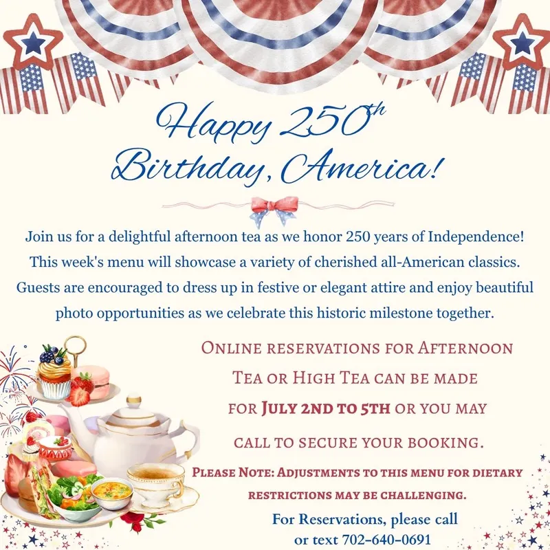 A festive 4th of July-themed invitation with patriotic banners, an American flag, teacups, and desserts, inviting guests to a 250th Independence Day afternoon tea, with reservation and contact details included.