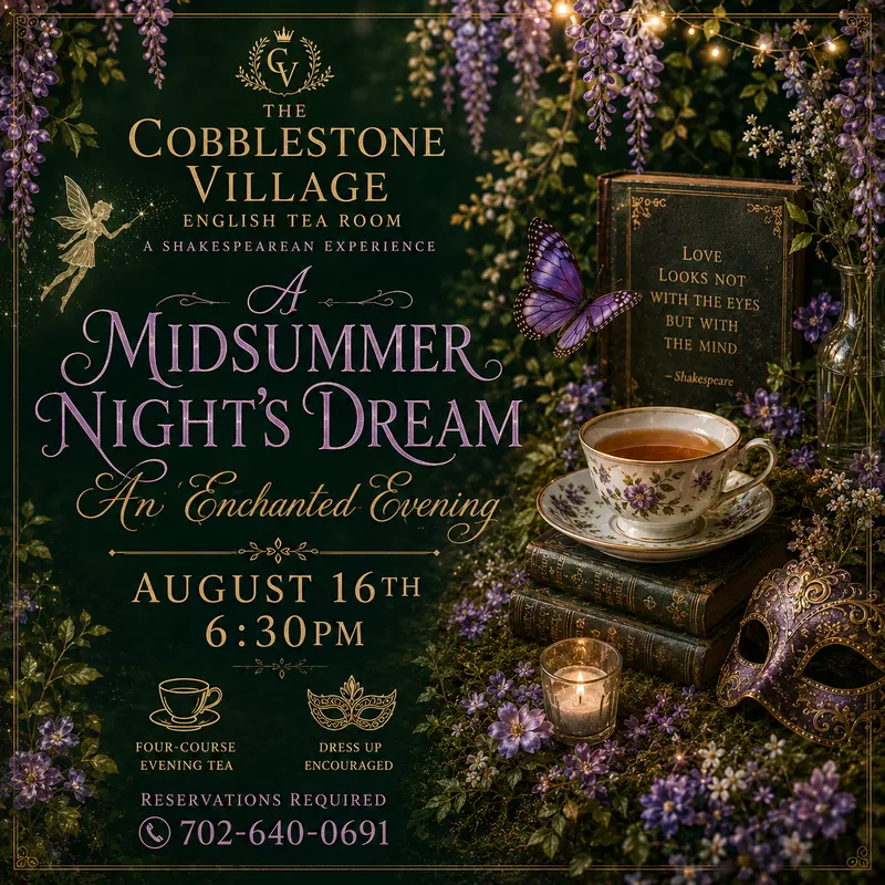 A whimsical invitation for A Midsummer Nights Dream: An Enchanted Evening tea at Cobblestone Village on August 16th, featuring a teacup, book, mask, and floral decor. Four-course tea and reservations required.