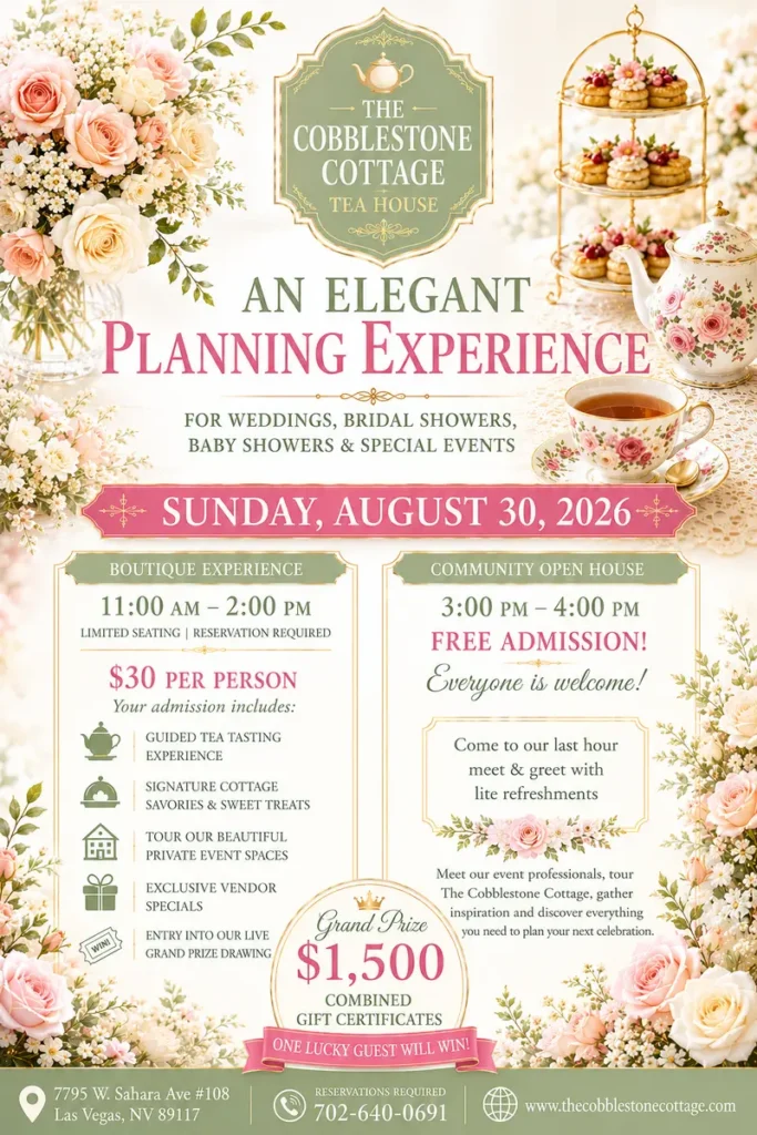 Elegant flyer for The Cobblestone Cottage Tea House promoting a wedding planning event on August 30, 2026, featuring two sessions, a $30 tea experience, free open house, raffles, and beautiful floral decorations.