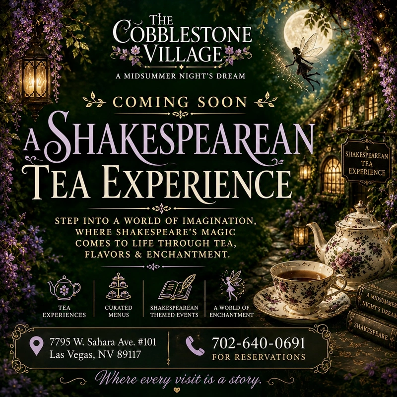 A promotional flyer for The Cobblestone Village’s Shakespearean Tea Experience, with ornate tea set, fairy lights, contact info, address, and themed event icons, all in a whimsical, magical design style.