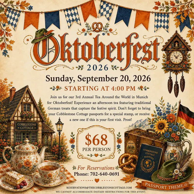 A festive Oktoberfest invitation with flags, tea set, pastries, books, and autumn flowers, announcing Oktoberfest 2026 at Cobblestone Cottage on September 20, 2026, at 4 PM. Price: $68 per person.