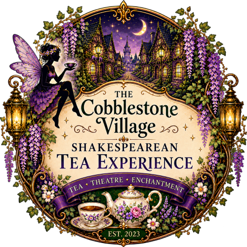 Whimsical sign for The Cobblestone Village Shakespearean Tea Experience featuring a fairy, lanterns, teapots, purple flowers, and enchanting houses under a crescent moon.